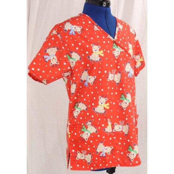 Womens Red RMF Scrubs XS Baby Reindeer Christmas Medical Top VTG Shirt - Picture 7 of 9